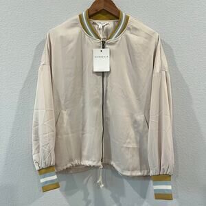 NWT Downeast Womens Cream Bomber Jacket w/ Yellow & Gray Stripe Accents | Size M